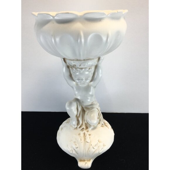 Vtg Inarco Japan Pedestal Planter Vase Cherub Holding Bowl White E-786/Q 7'' - Picture 1 of 10